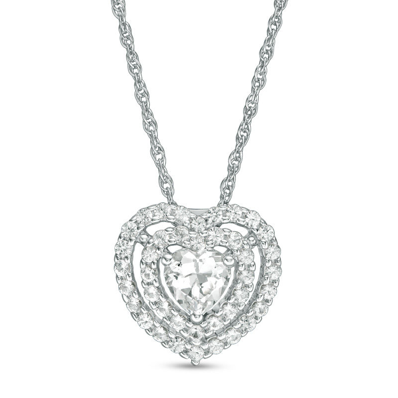 Main Image 1 of 5.0mm Heart-Shaped Lab-Created White Sapphire Double Frame Pendant in Sterling Silver