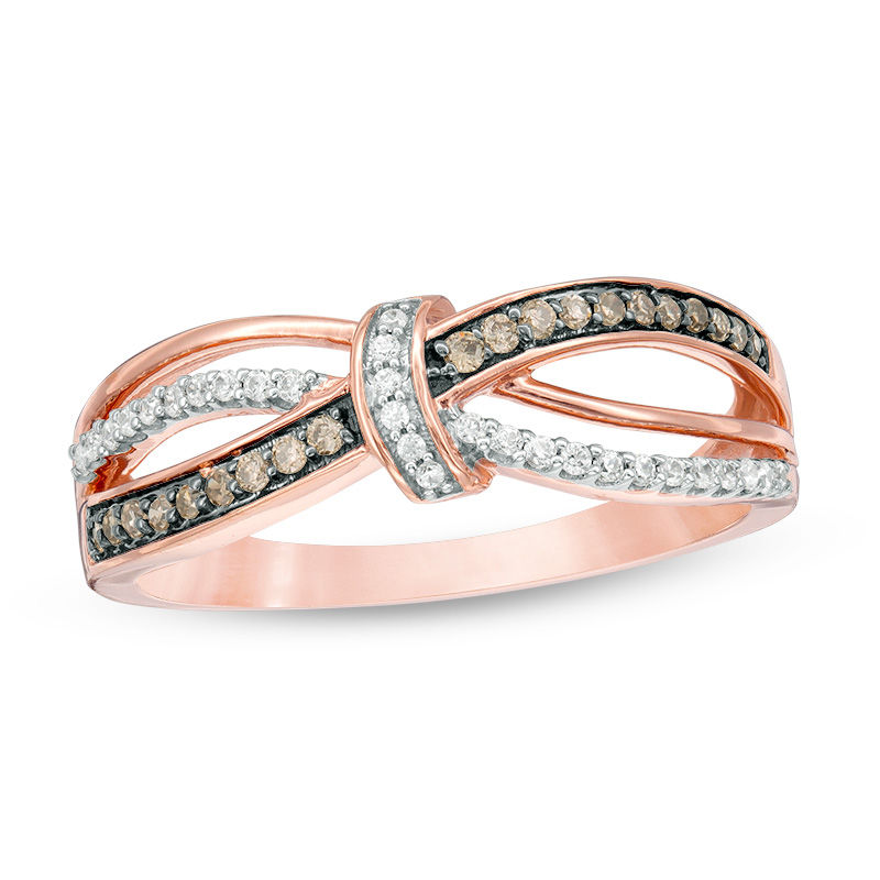 Main Image 1 of 1/5 CT. T.W. Champagne and White Diamond Knot Wave Ring in 10K Rose Gold