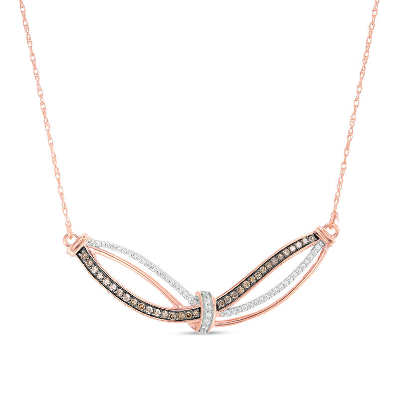 Main Image 1 of 1/4 CT. T.W. Champagne and White Diamond Knot Wave Necklace in 10K Rose Gold