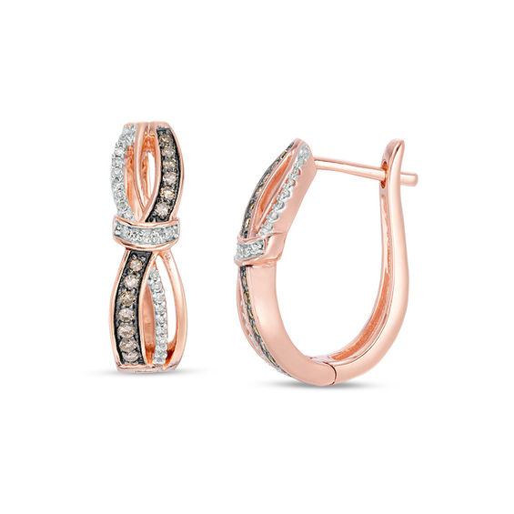 1/5 CT. T.w. Champagne and White Diamond Knot Wave Hoop Earrings in 10K Rose Gold