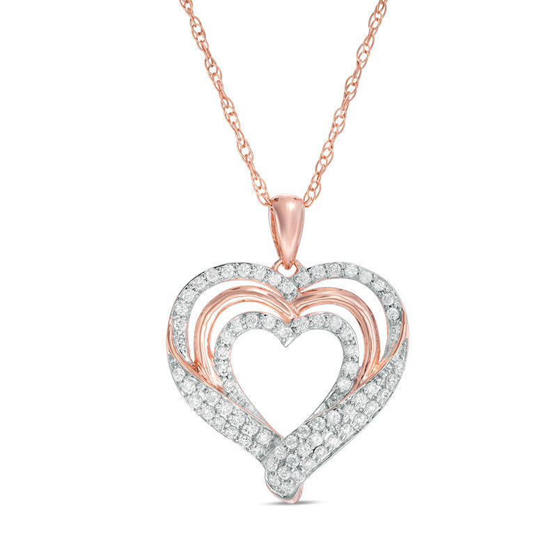 1/2 CT. T.W. Diamond Triple Heart Pendant in Sterling Silver with 14K ...