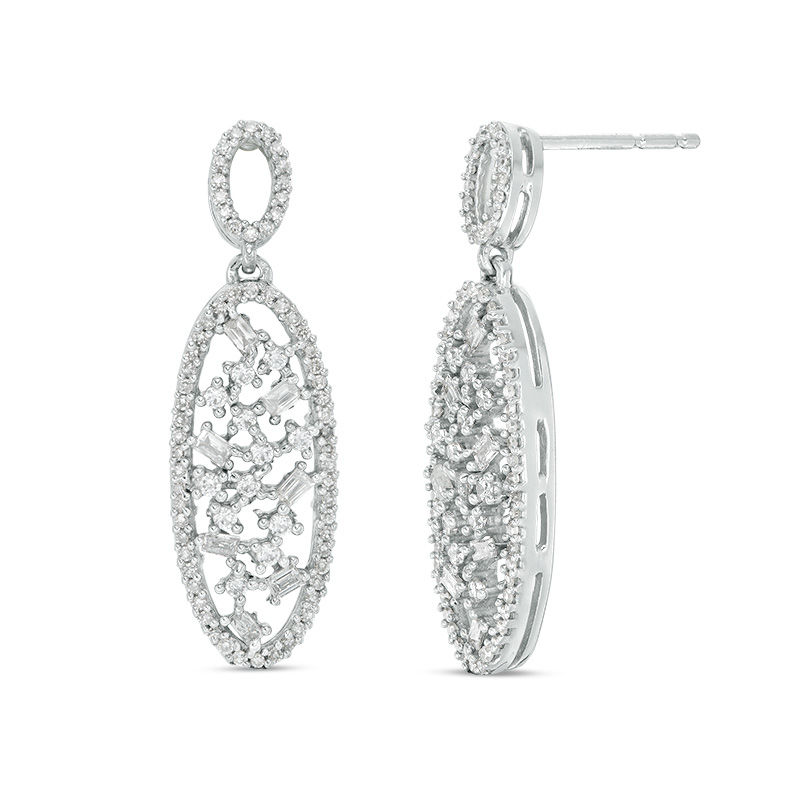 Main Image 1 of 1/2 CT. T.W. Baguette and Round Diamond Scatter Oval Drop Earrings in 10K White Gold