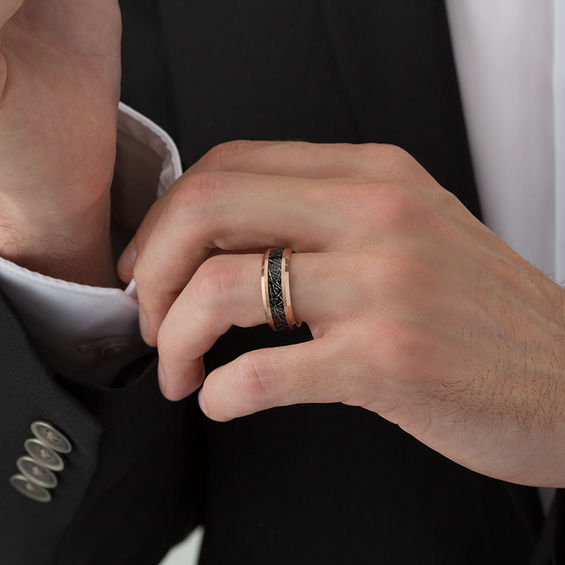 8.0mm Satin Carbon Fiber Center Wedding Band in Rose-Tone IP Tantalum