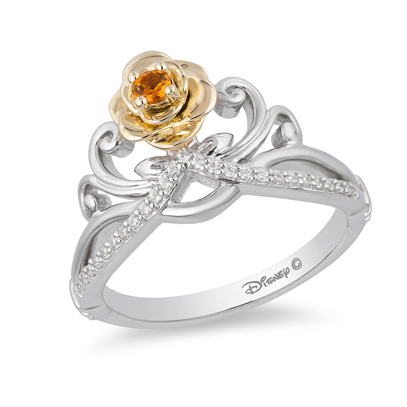 Enchanted Disney Belle Citrine and 1/10 CT. T.W. Diamond Rose Tiara Ring in Sterling Silver and 10K Gold