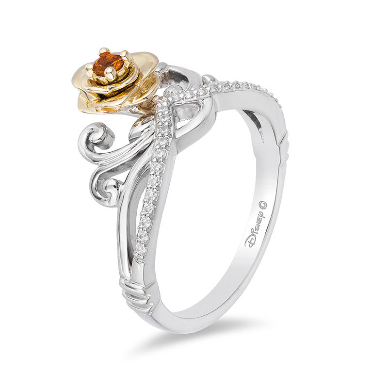 Enchanted Disney Belle Citrine and 1/10 CT. T.W. Diamond Rose Tiara Ring in Sterling Silver and 10K Gold