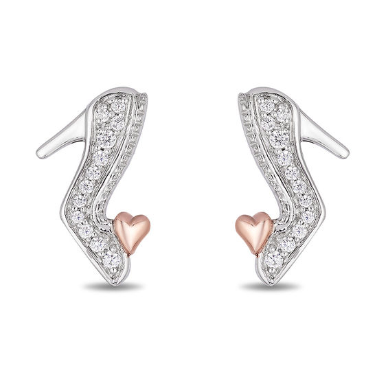 Enchanted Disney Cinderella 1/10 CT. T.w. Diamond Slipper Stud Earrings in Sterling Silver and 10K Rose Gold