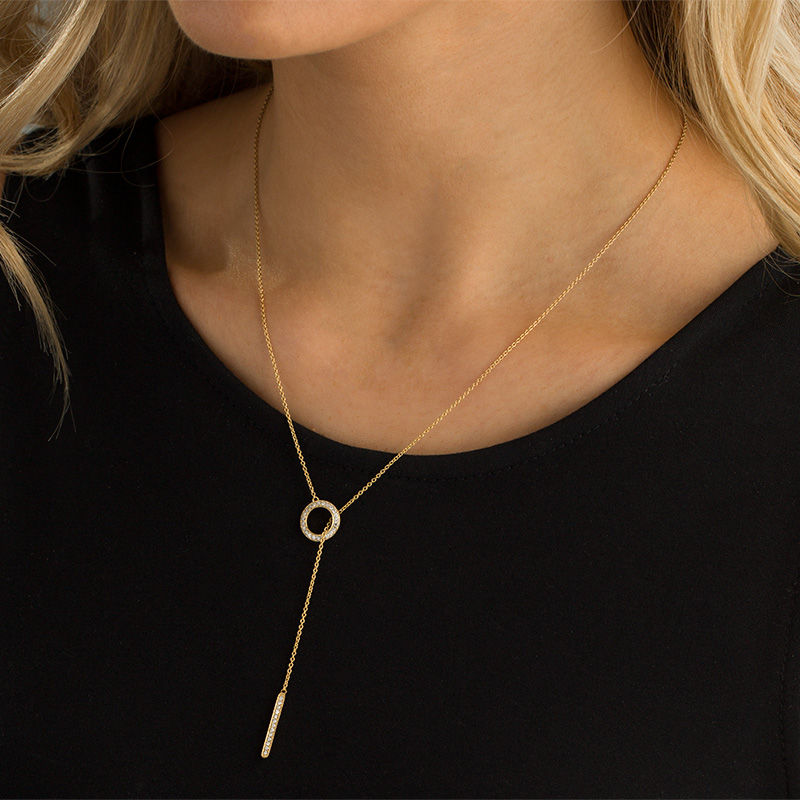 Main Image 2 of 1/4 CT. T.W. Diamond Circle and Vertical Bar "Y" Necklace in Sterling Silver with 18K Gold Plate