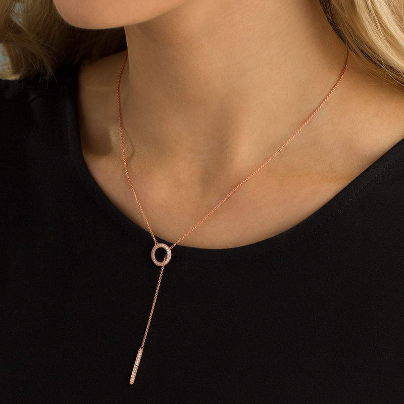 1/4 CT. T.W. Diamond Circle and Vertical Bar "Y" Necklace in Sterling Silver with 18K Rose Gold Plate