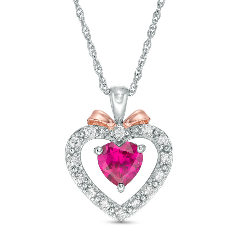 Main Image 1 of 6.0mm Lab-Created Ruby and White Sapphire Heart with Bow Pendant in Sterling Silver and 14K Rose Gold Plate