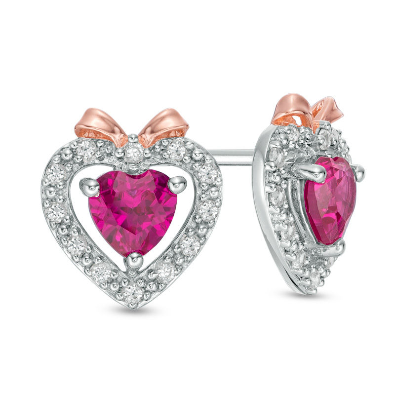 Main Image 1 of 5.0mm Lab-Created Ruby and White Sapphire Heart with Bow Stud Earrings in Sterling Silver and 14K Rose Gold Plate