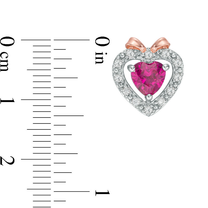 Main Image 2 of 5.0mm Lab-Created Ruby and White Sapphire Heart with Bow Stud Earrings in Sterling Silver and 14K Rose Gold Plate