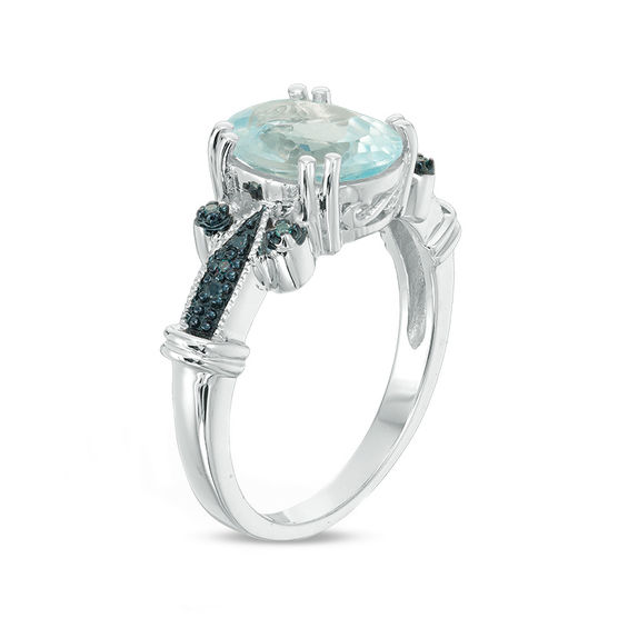 Oval Blue Topaz and Enhanced Blue Diamond Accent Vintage-Style Collared Ring in Sterling Silver Oval Blue Topaz and Enhanced Blue Diamond Accent Vintage-Style Collared Ring in Sterling Silver
