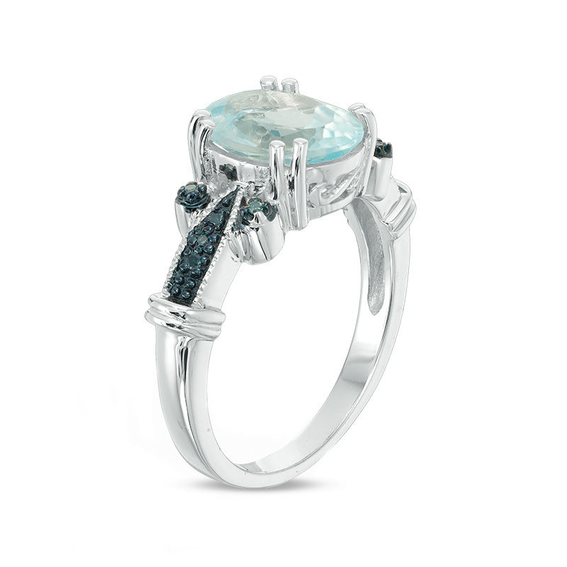 Oval Blue Topaz and Enhanced Blue Diamond Accent Vintage-Style Collared Ring in Sterling Silver