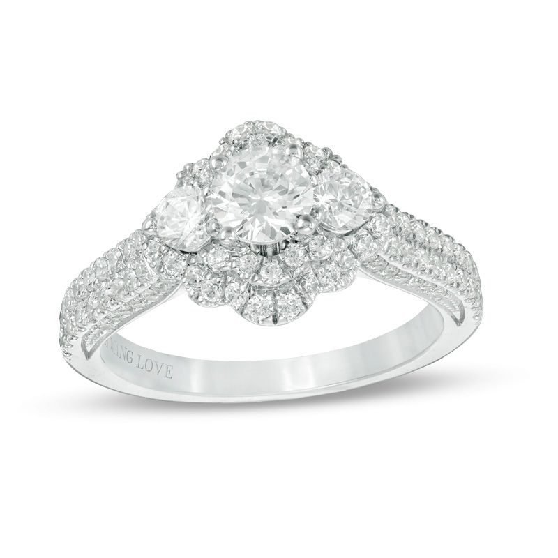 Main Image 1 of Vera Wang Love Collection 1-3/8 CT. T.W. Diamond Three Stone Flower Frame Vintage-Style Engagement Ring in 14K White Gold