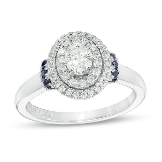 Vera Wang Love Collection 5/8 CT. T.w. Oval Diamond and Blue Sapphire Double Frame Engagement Ring in 14K White Gold