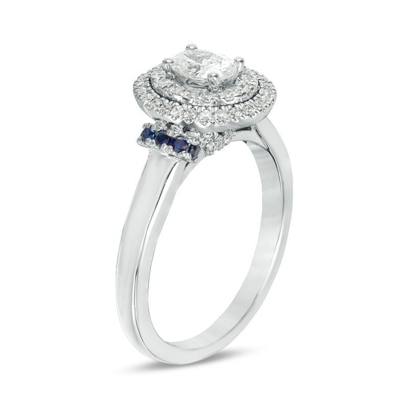 Main Image 2 of Vera Wang Love Collection 5/8 CT. T.W. Oval Diamond and Blue Sapphire Double Frame Engagement Ring in 14K White Gold