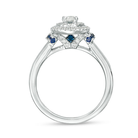 Vera Wang Love Collection 5/8 CT. T.w. Oval Diamond and Blue Sapphire Double Frame Engagement Ring 14K White Gold