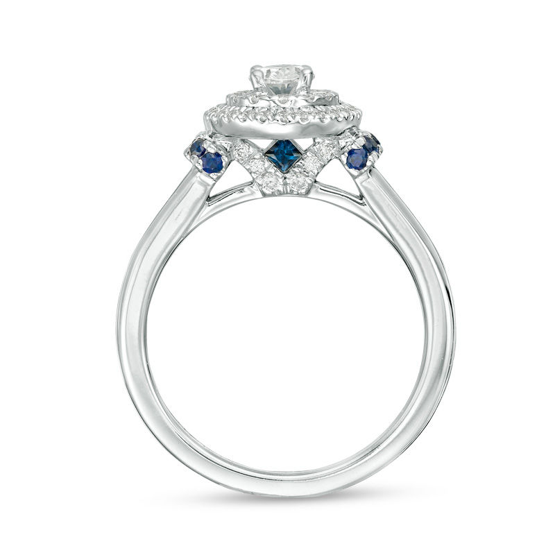 Main Image 3 of Vera Wang Love Collection 5/8 CT. T.W. Oval Diamond and Blue Sapphire Double Frame Engagement Ring in 14K White Gold