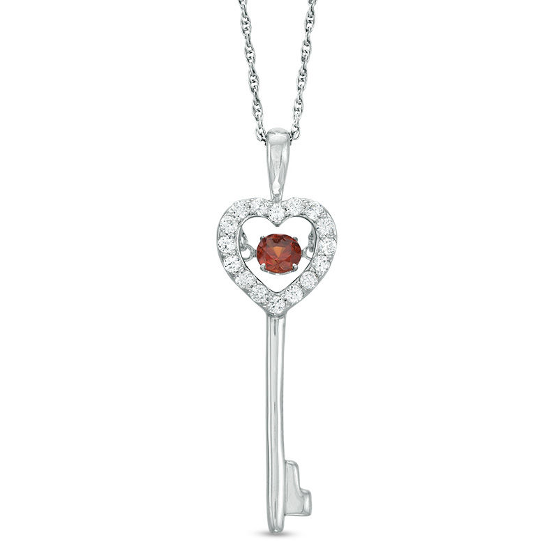 4.0mm Garnet and Lab-Created White Sapphire Heart-Top Key Pendant in Sterling Silver