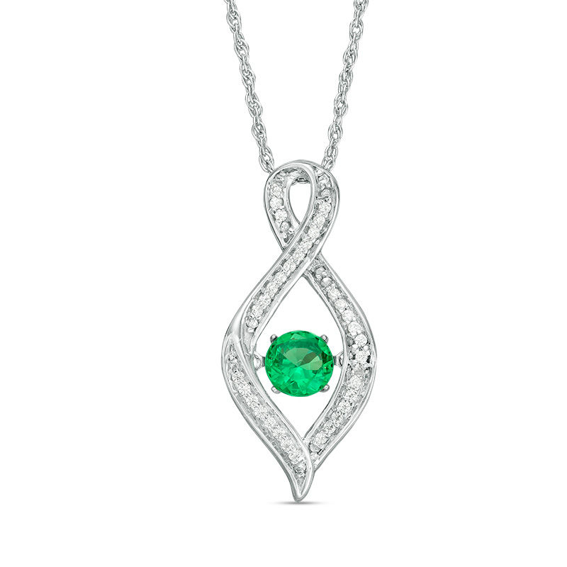 4.5mm Lab-Created Emerald and 0.11 CT. T.W. Diamond Infinity Flame Pendant in Sterling Silver