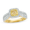 Thumbnail Image 1 of 1-1/2 CT. T.W. Cushion-Cut Yellow and White Diamond Double Frame Multi-Row Engagement Ring in 14K Gold - Size 7