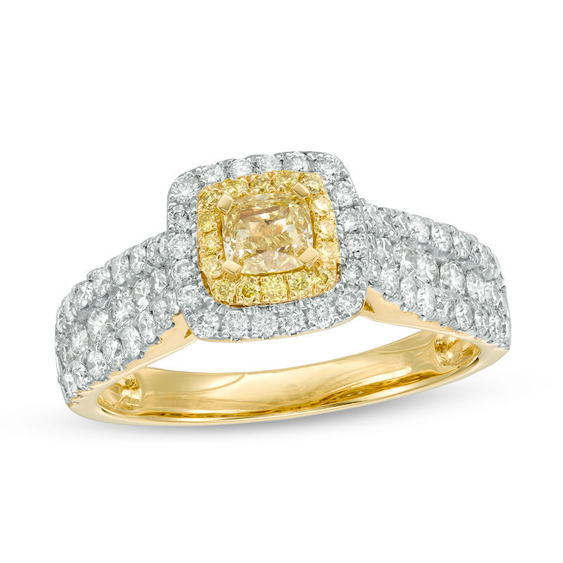 Main Image 1 of 1-1/2 CT. T.W. Cushion-Cut Yellow and White Diamond Double Frame Multi-Row Engagement Ring in 14K Gold - Size 7