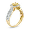 Thumbnail Image 2 of 1-1/2 CT. T.W. Cushion-Cut Yellow and White Diamond Double Frame Multi-Row Engagement Ring in 14K Gold - Size 7