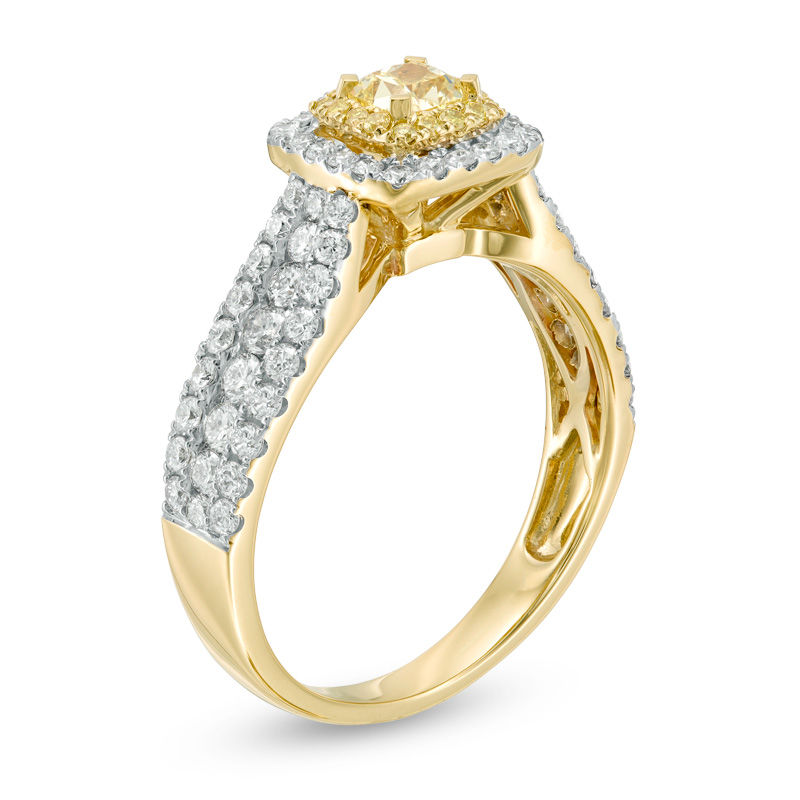 Main Image 2 of 1-1/2 CT. T.W. Cushion-Cut Yellow and White Diamond Double Frame Multi-Row Engagement Ring in 14K Gold - Size 7