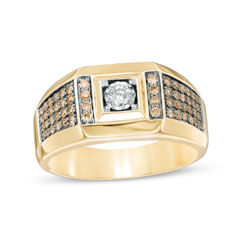 Main Image 1 of 5/8 CT. T.W. Champagne and White Diamond Signet Ring in 10K Two-Tone Gold