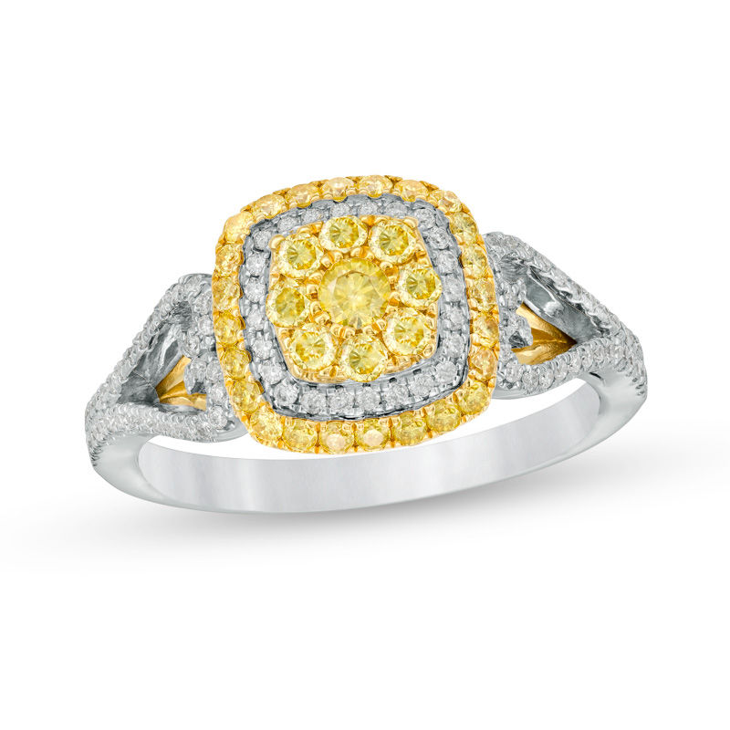 1 CT. T.W. Yellow and White Diamond Double Cushion Frame Side-Hearts Engagement Ring in 14K Two Tone Gold - Size 7