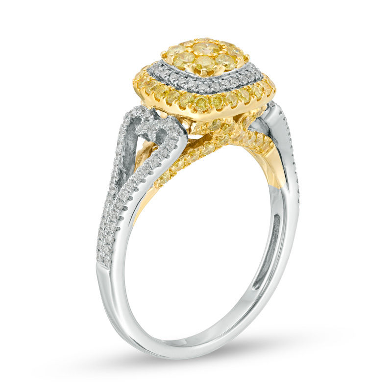 1 CT. T.W. Yellow and White Diamond Double Cushion Frame Side-Hearts Engagement Ring in 14K Two Tone Gold - Size 7
