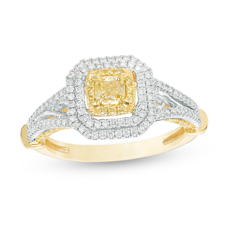 1 CT. T.W. Cushion-Cut Yellow and White Diamond Triple Frame Engagement Ring in 14K Two Tone Gold - Size 7