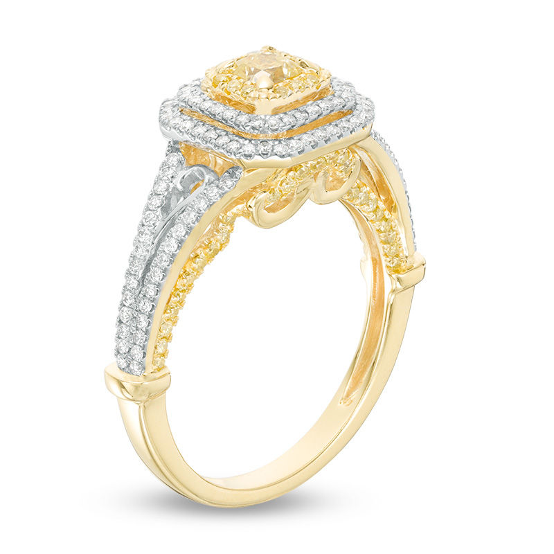 1 CT. T.W. Cushion-Cut Yellow and White Diamond Triple Frame Engagement Ring in 14K Two Tone Gold - Size 7