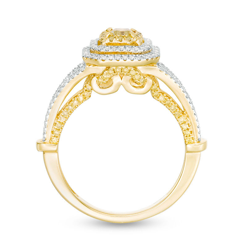 1 CT. T.W. Cushion-Cut Yellow and White Diamond Triple Frame Engagement Ring in 14K Two Tone Gold - Size 7