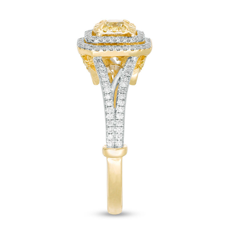1 CT. T.W. Cushion-Cut Yellow and White Diamond Triple Frame Engagement Ring in 14K Two Tone Gold - Size 7