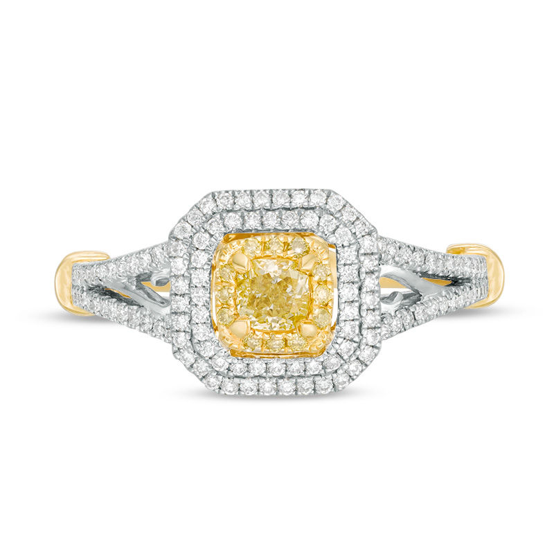 1 CT. T.W. Cushion-Cut Yellow and White Diamond Triple Frame Engagement Ring in 14K Two Tone Gold - Size 7
