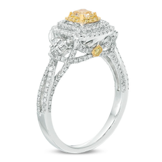 1 CT. T.w. Cushion-Cut Yellow and White Diamond Triple Frame Tri-Sides Engagement Ring in 14K White Gold - Size 7