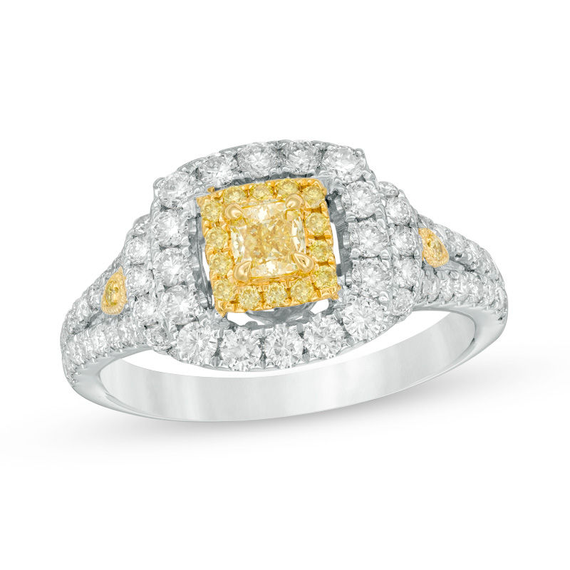 Main Image 1 of 1-1/4 CT. T.W. Cushion-Cut Yellow and White Diamond Double Frame Collar Engagement Ring in 14K Two Tone Gold - Size 7