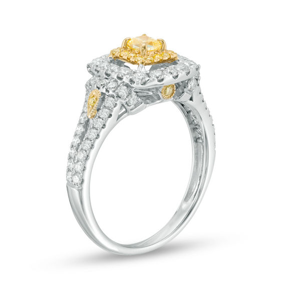 1-1/4 CT. T.w. Cushion-Cut Yellow and White Diamond Double Frame Collar Engagement Ring in 14K Two Tone Gold - Size 7