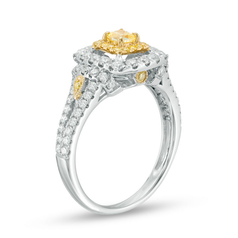 Main Image 2 of 1-1/4 CT. T.W. Cushion-Cut Yellow and White Diamond Double Frame Collar Engagement Ring in 14K Two Tone Gold - Size 7