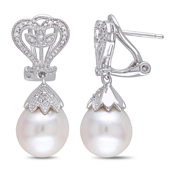 10.0 - 10.5mm Baroque Cultured Freshwater Pearl and 1/20 CT. T.W. Diamond Vintage-Style Drop Earrings in Sterling Silver 10.0 - 10.5mm Baroque Cultured Freshwater Pearl and 1/20 CT. T.W. Diamond Vintage-Style Drop Earrings in Sterling Silver