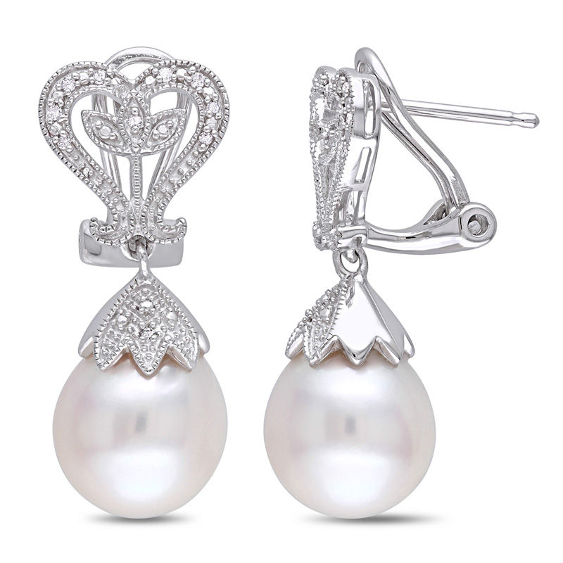 Main Image 1 of 10.0-10.5mm Baroque Freshwater Cultured Pearl and 1/20 CT. T.W. Diamond Vintage-Style Drop Earrings in Sterling Silver