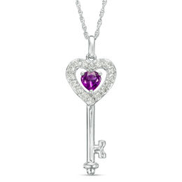 5.0mm Amethyst and Lab-Created White Sapphire Heart-Top Key Pendant in Sterling Silver