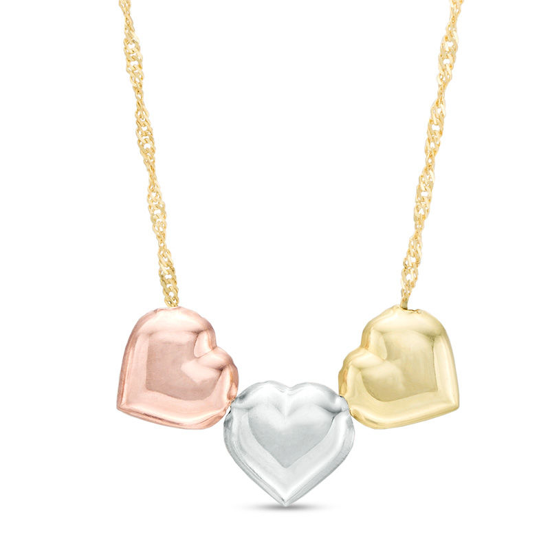 Main Image 1 of Triple Heart Necklace in 10K Tri-Tone Gold