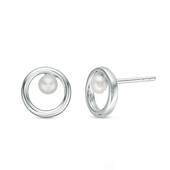 3.0 - 4.0mm Button Cultured Freshwater Pearl Circle Stud Earrings in Sterling Silver