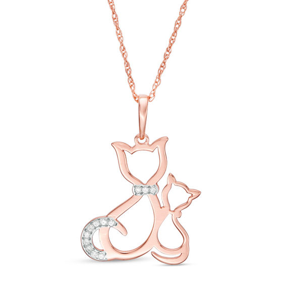 Diamond Accent Laser-Cut Cat and Kitten Pendant in 10K Rose Gold