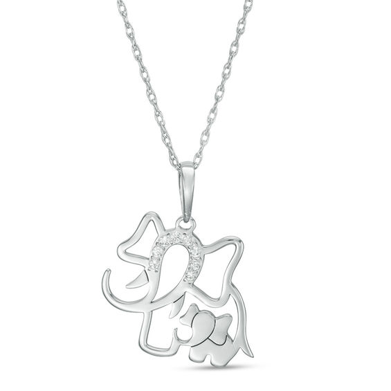 Diamond Accent Laser-Cut Elephant and Calf Pendant in 10K White Gold
