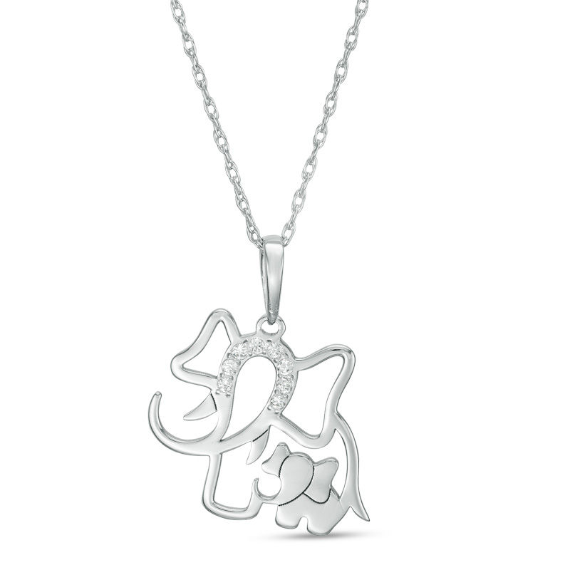 Diamond Accent Laser-Cut Elephant and Calf Pendant in 10K White Gold