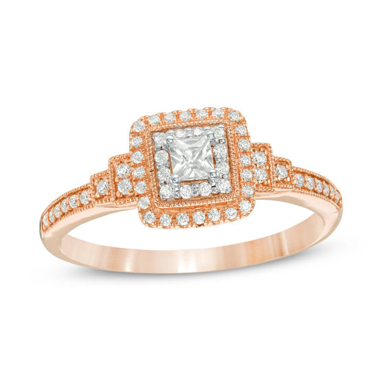 1/3 CT. T.w. Princess-Cut Diamond Double Frame Collar Vintage-Style Engagement Ring in 14K Rose Gold