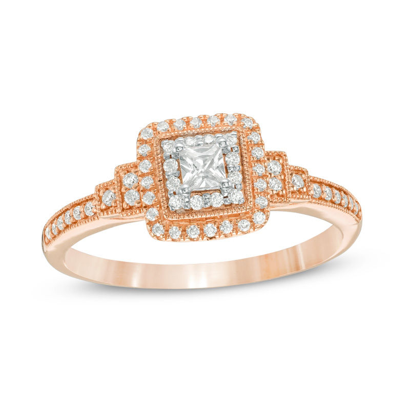 1/3 CT. T.W. Princess-Cut Diamond Double Frame Collar Vintage-Style Engagement Ring in 14K Rose Gold
